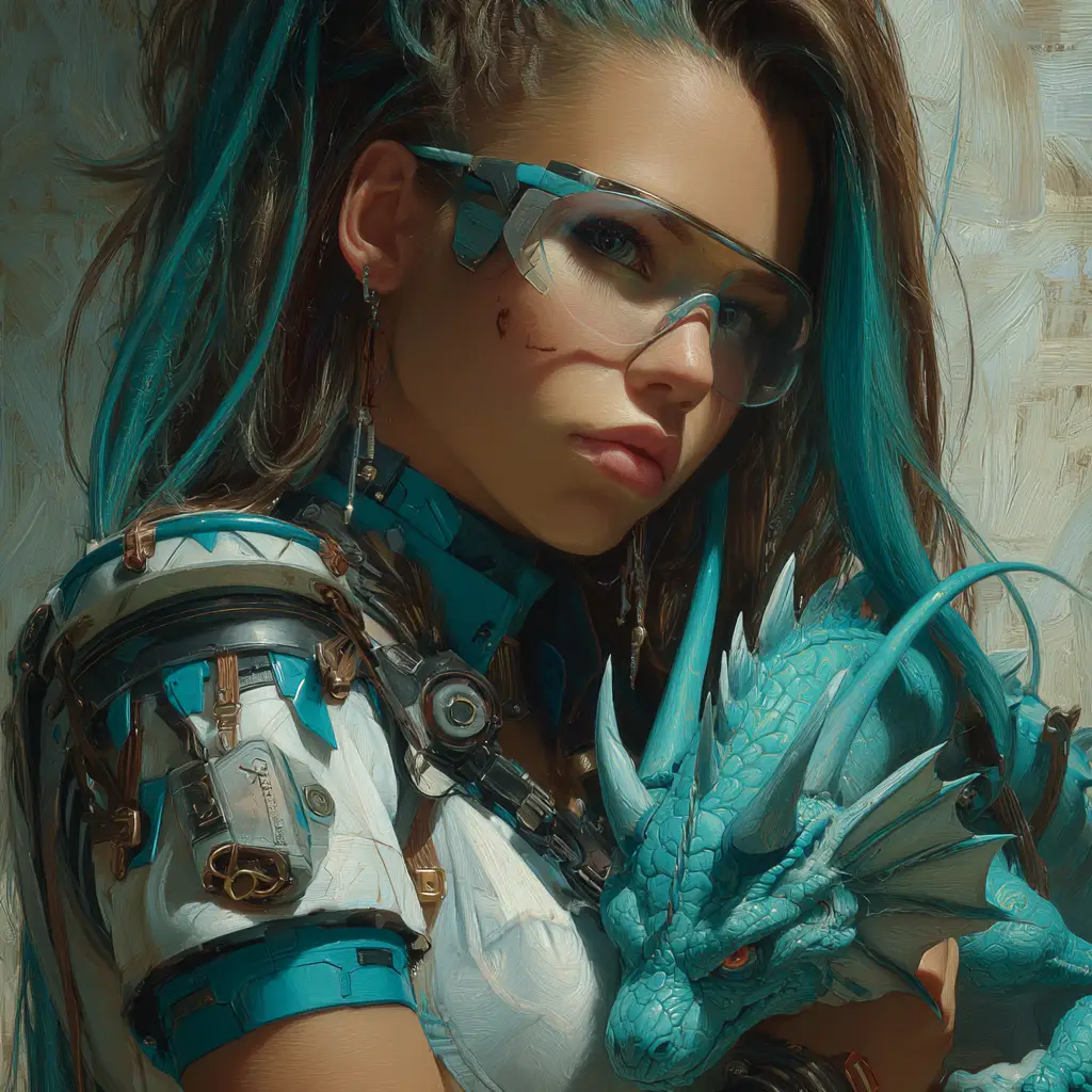 Melancholic cyberpunk cyborg woman with a small dragon