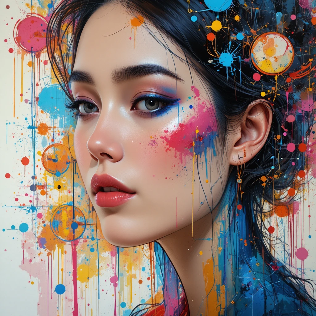 Abstract side profile portrait of a colorful serene woman