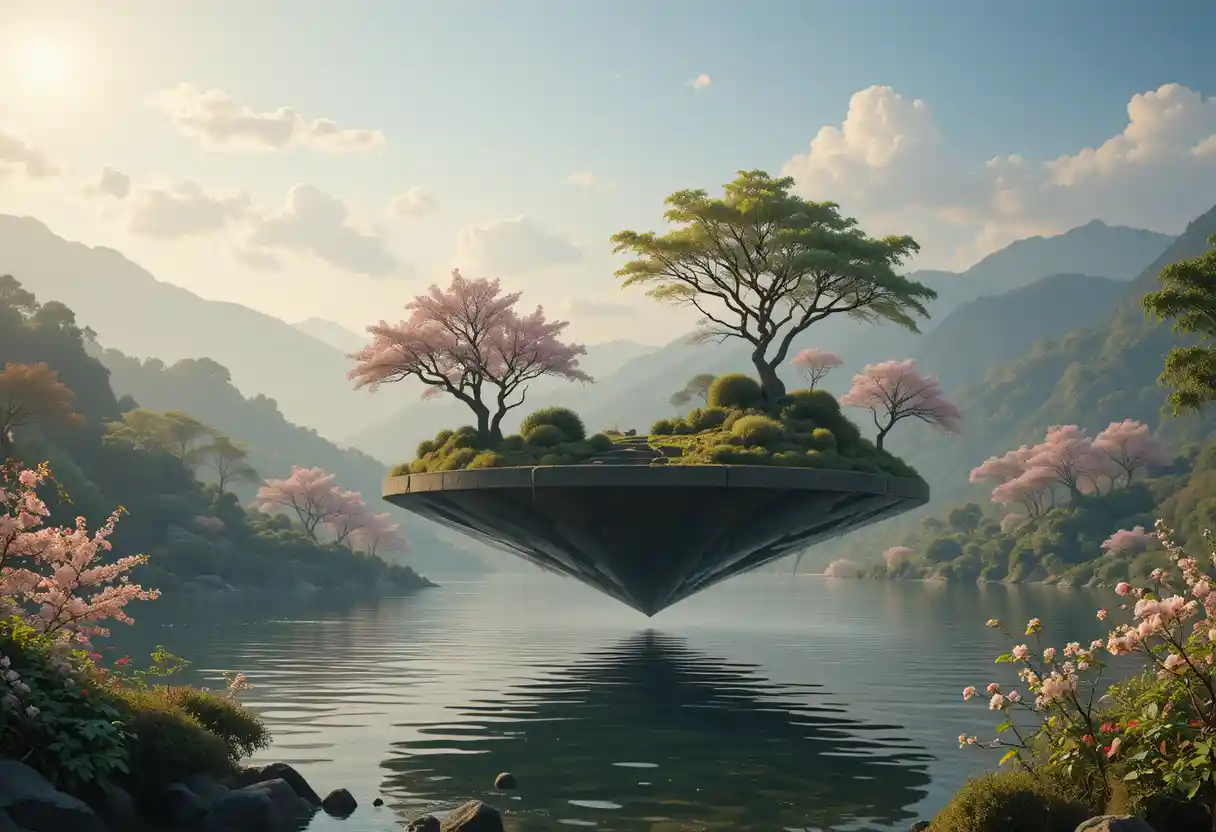 Jardín zen flotante sobre agua calma con flores de cerezo