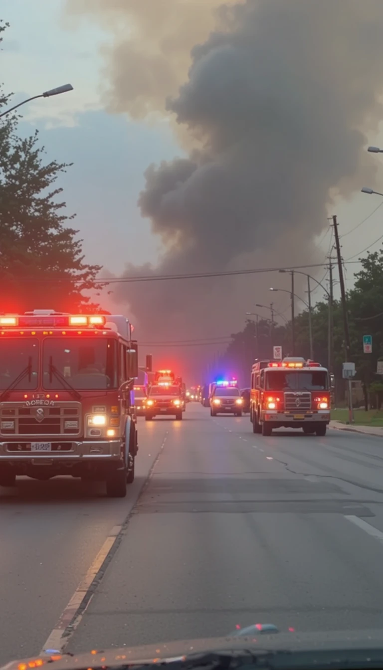 Fire trucks with sirens and flashing lights on city street