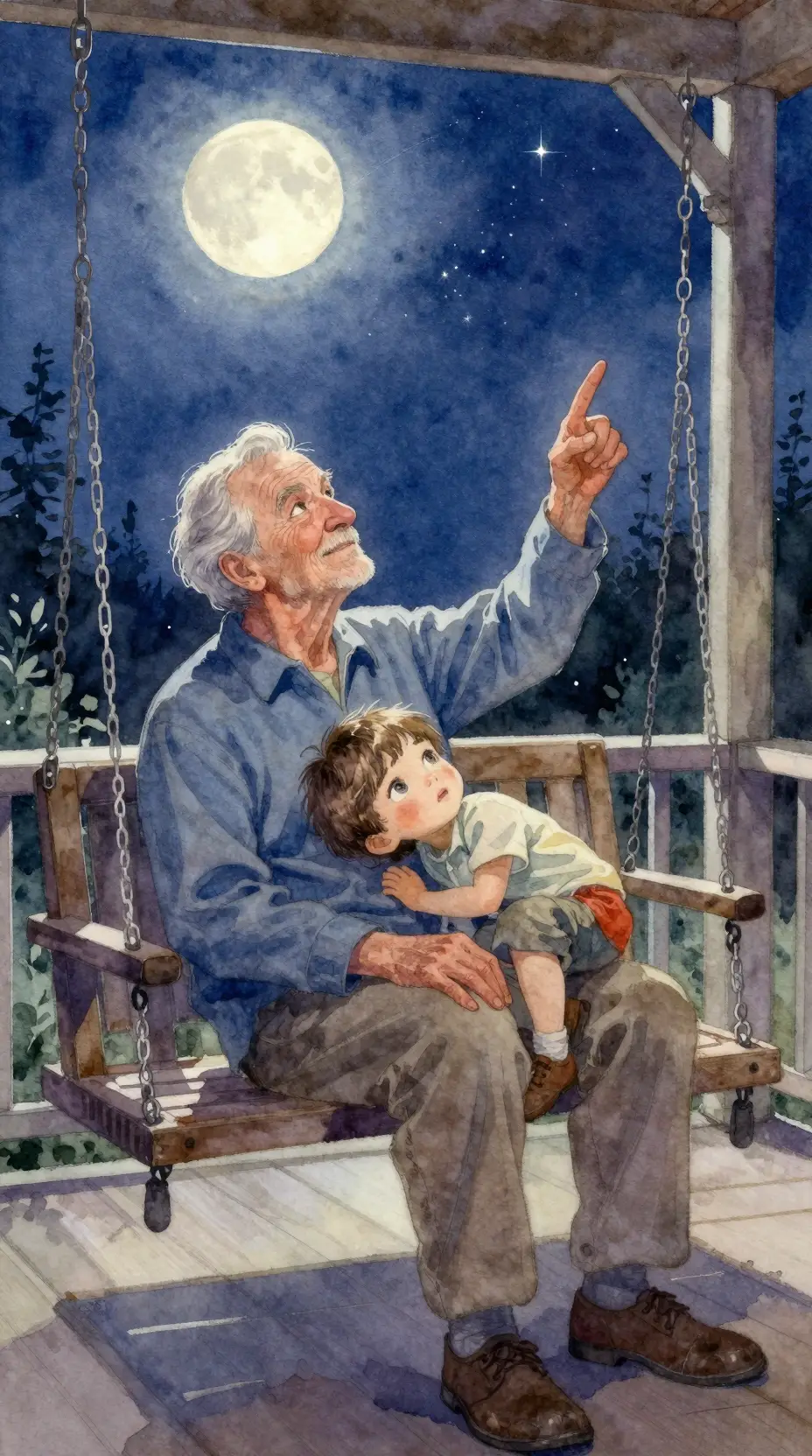 Grandfather And Grandson Sharing A Quiet Nighttime Porch Moment