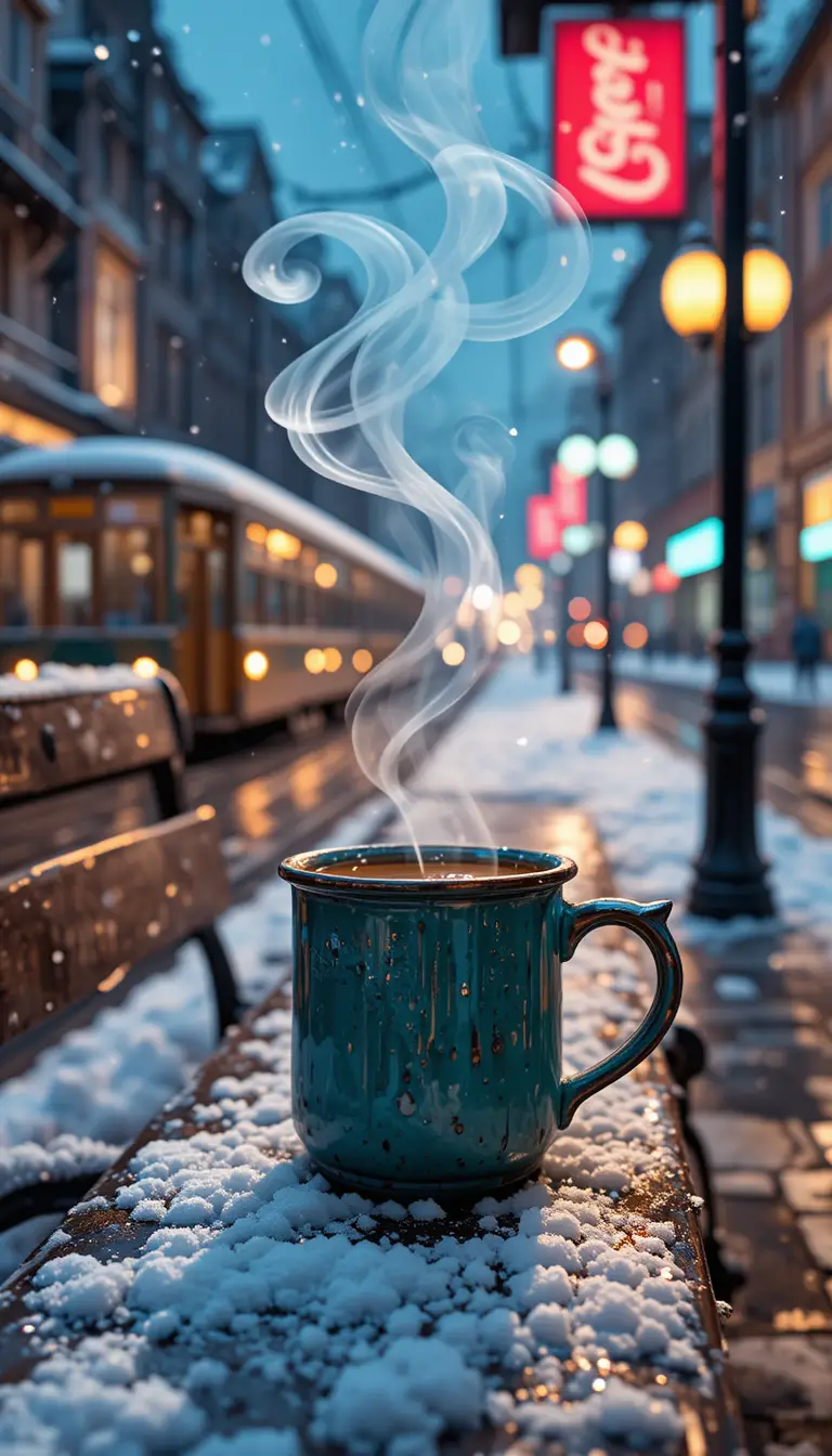 Steaming coffee mug on snowy tram stop bench at night