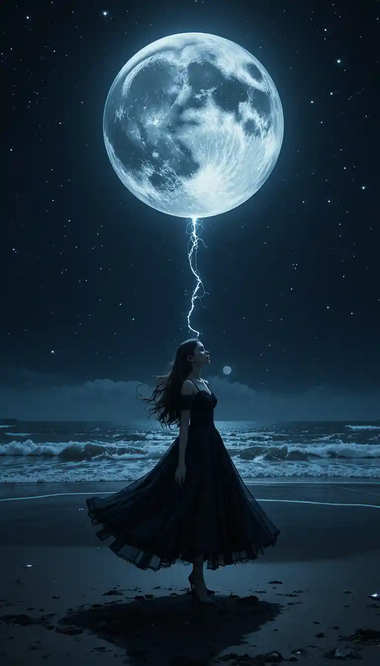 Gothic anime girl beneath a glowing balloon moon