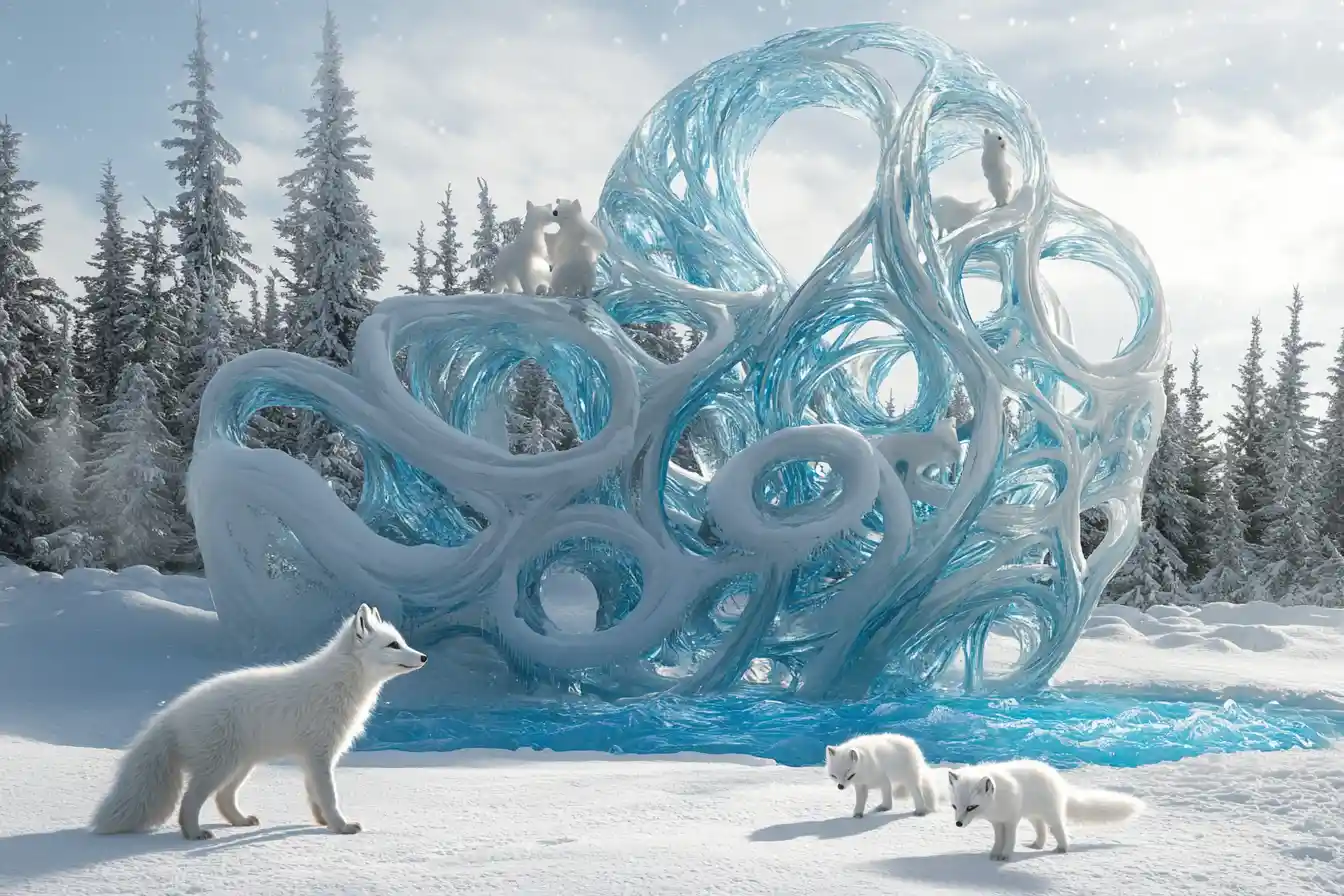 Arctic Fox Family In A Serene Winter Wonderland
