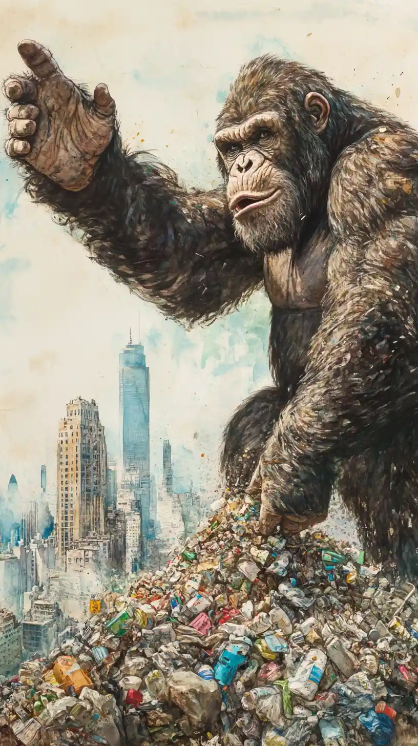 Scimmia gigante che schiaccia rifiuti davanti a una città lontana e pacifica