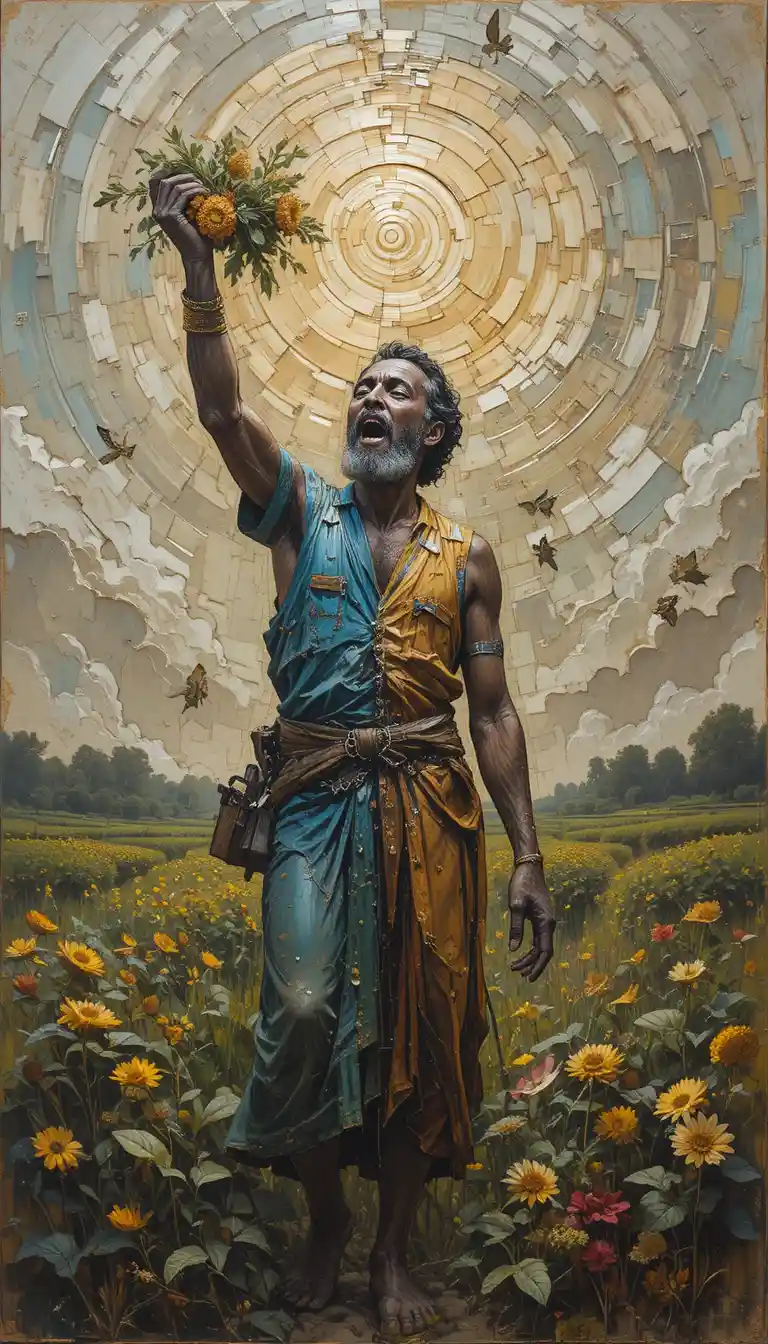 Joyful farmer holding a basket in expressive impasto painting