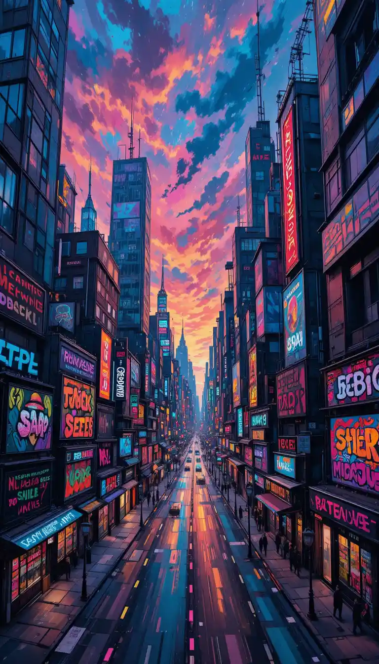 Surreal neon cityscape warped into abstract colorful chaos
