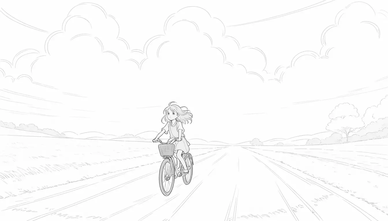 Anime girl cycling along a quiet countryside road