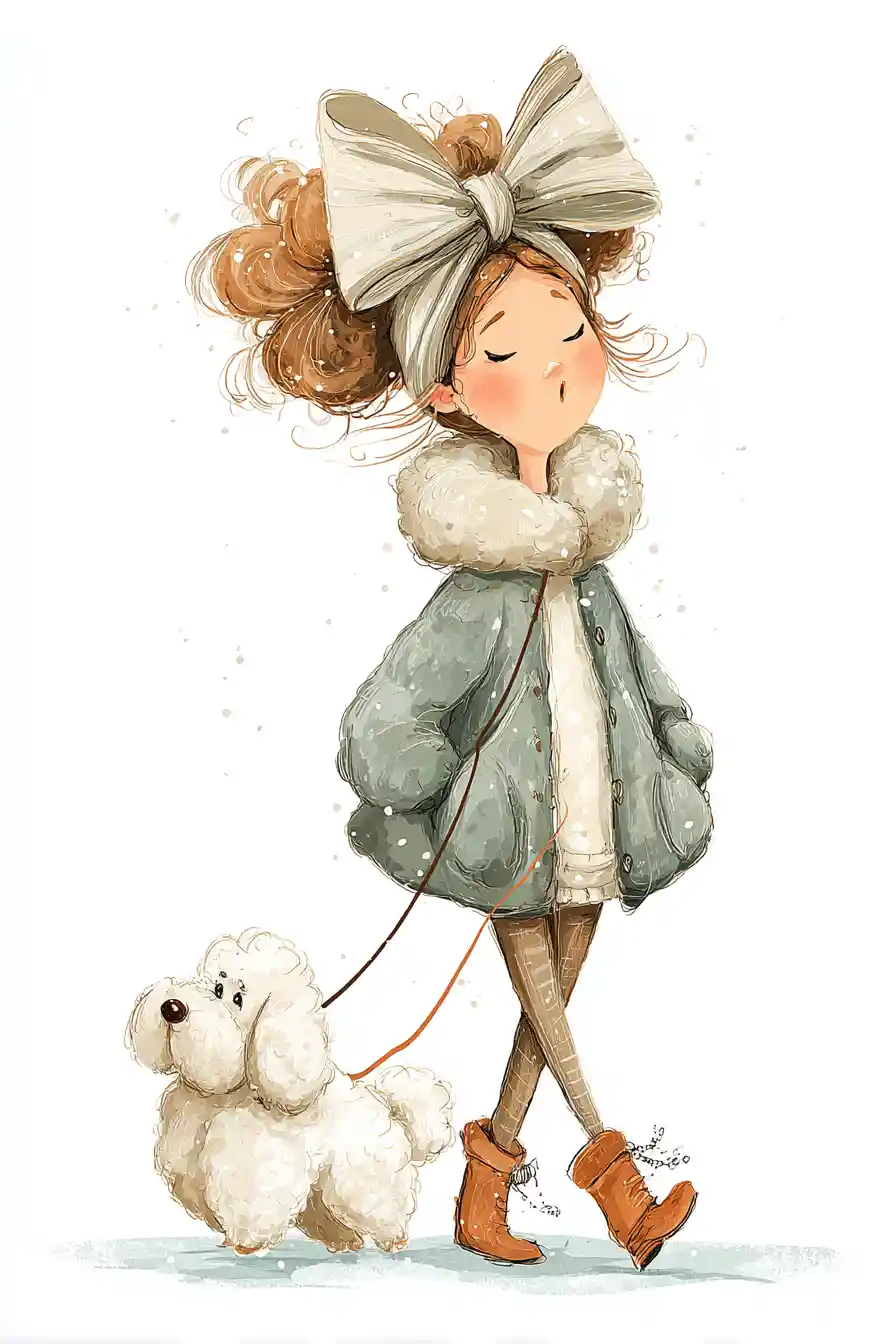 Cute snow maiden girl walking with a fluffy dog
