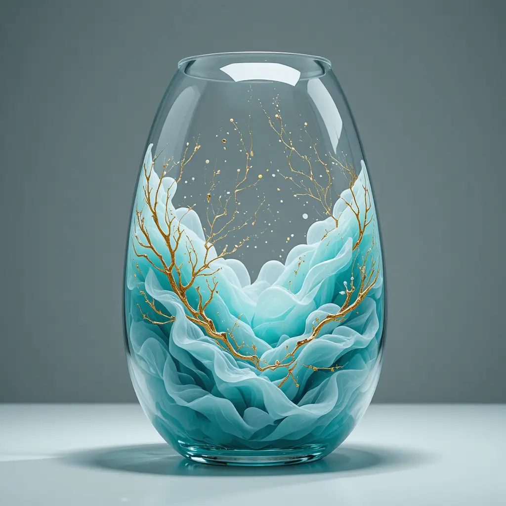 Translucent Glass Sculpture With Teal Fabric And Gold Veins