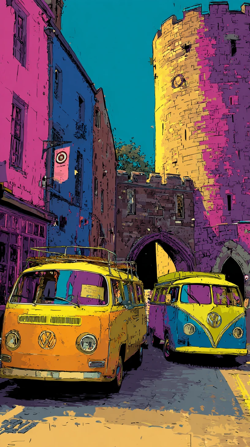 Colorful medieval street with tower and playful vehicles