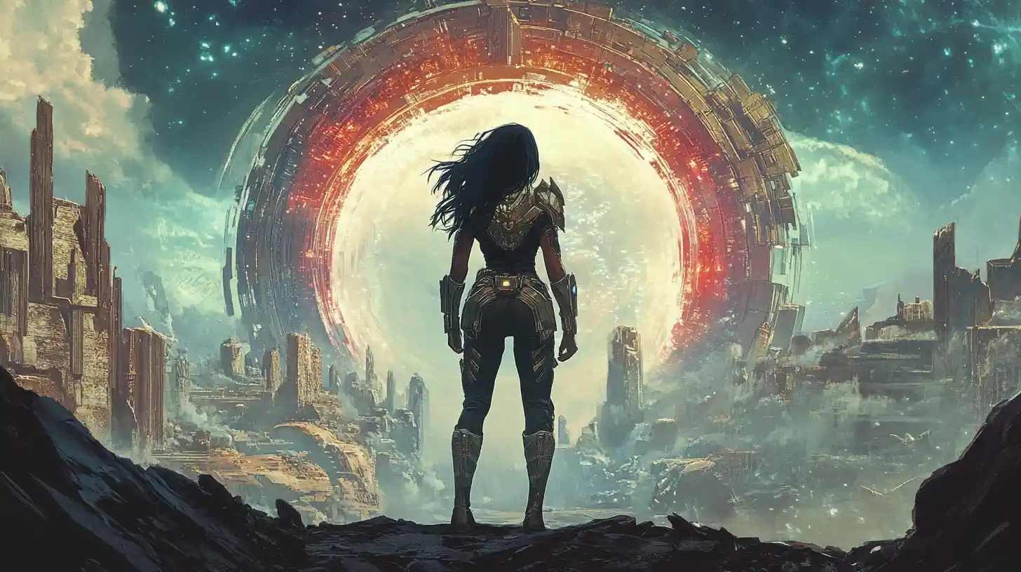 Princesa guerrera ante un portal interdimensional brillante