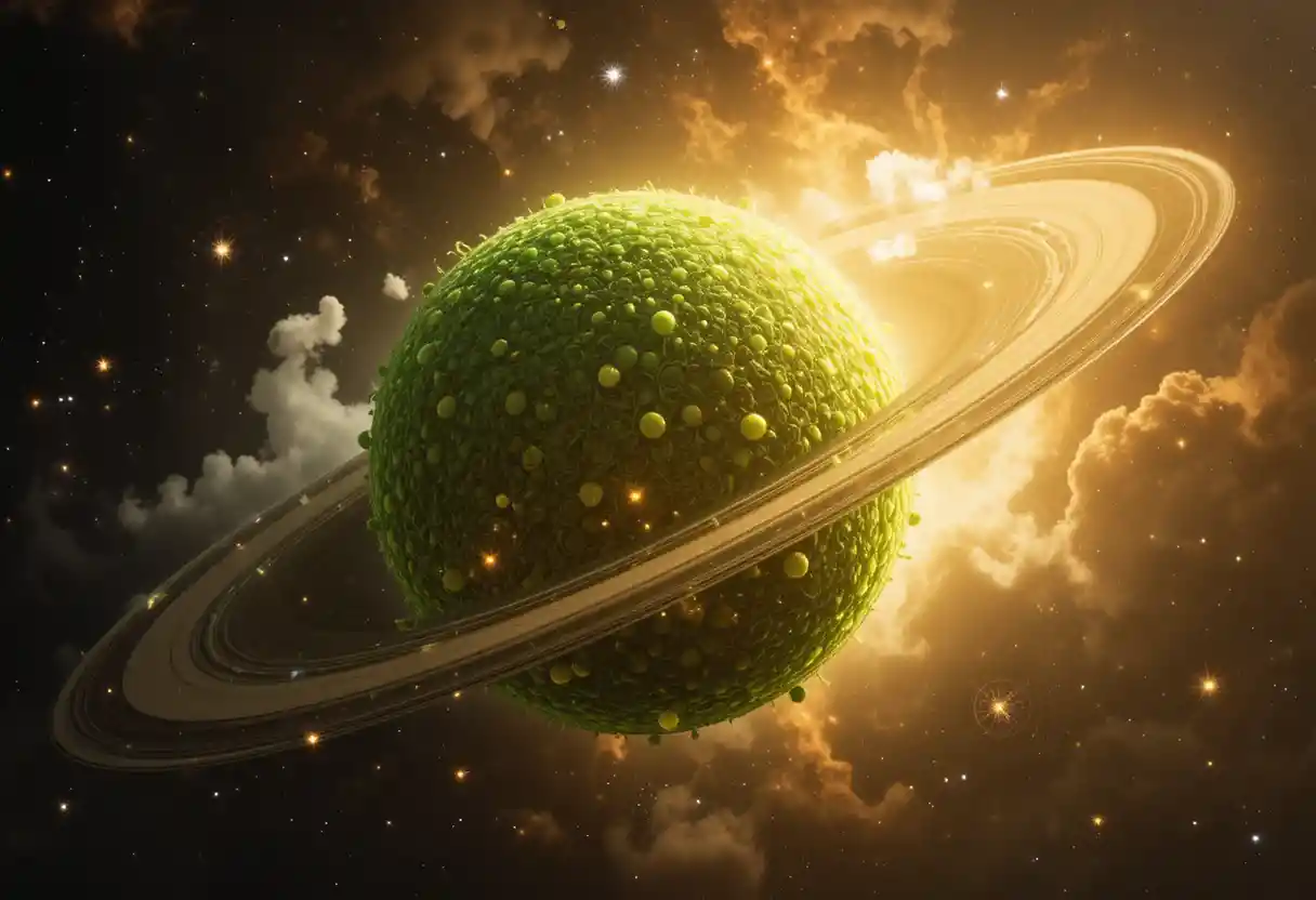 Celestial tennis ball planet glowing in distant outer space