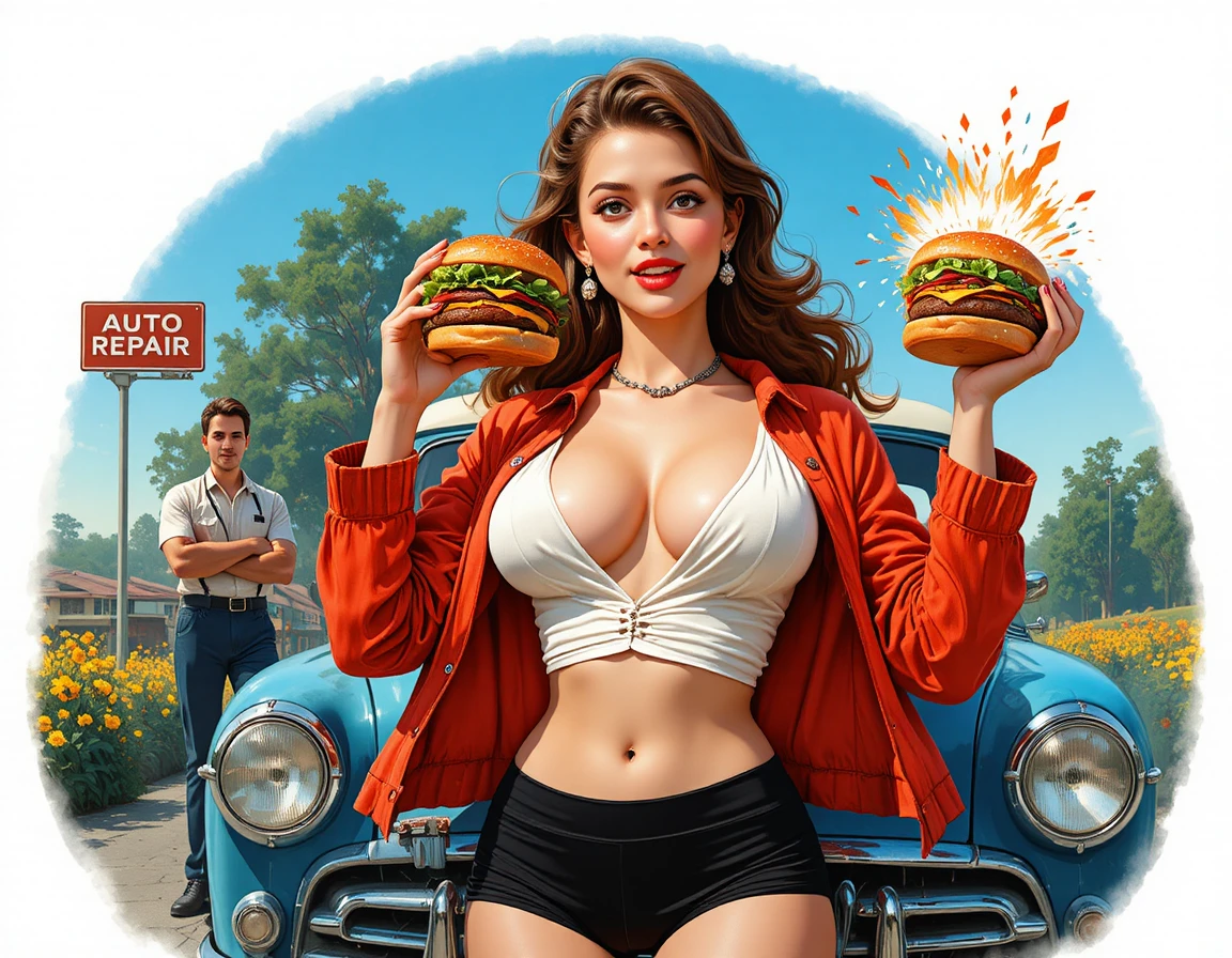 Playful pin up woman by blue car on sunny roadside