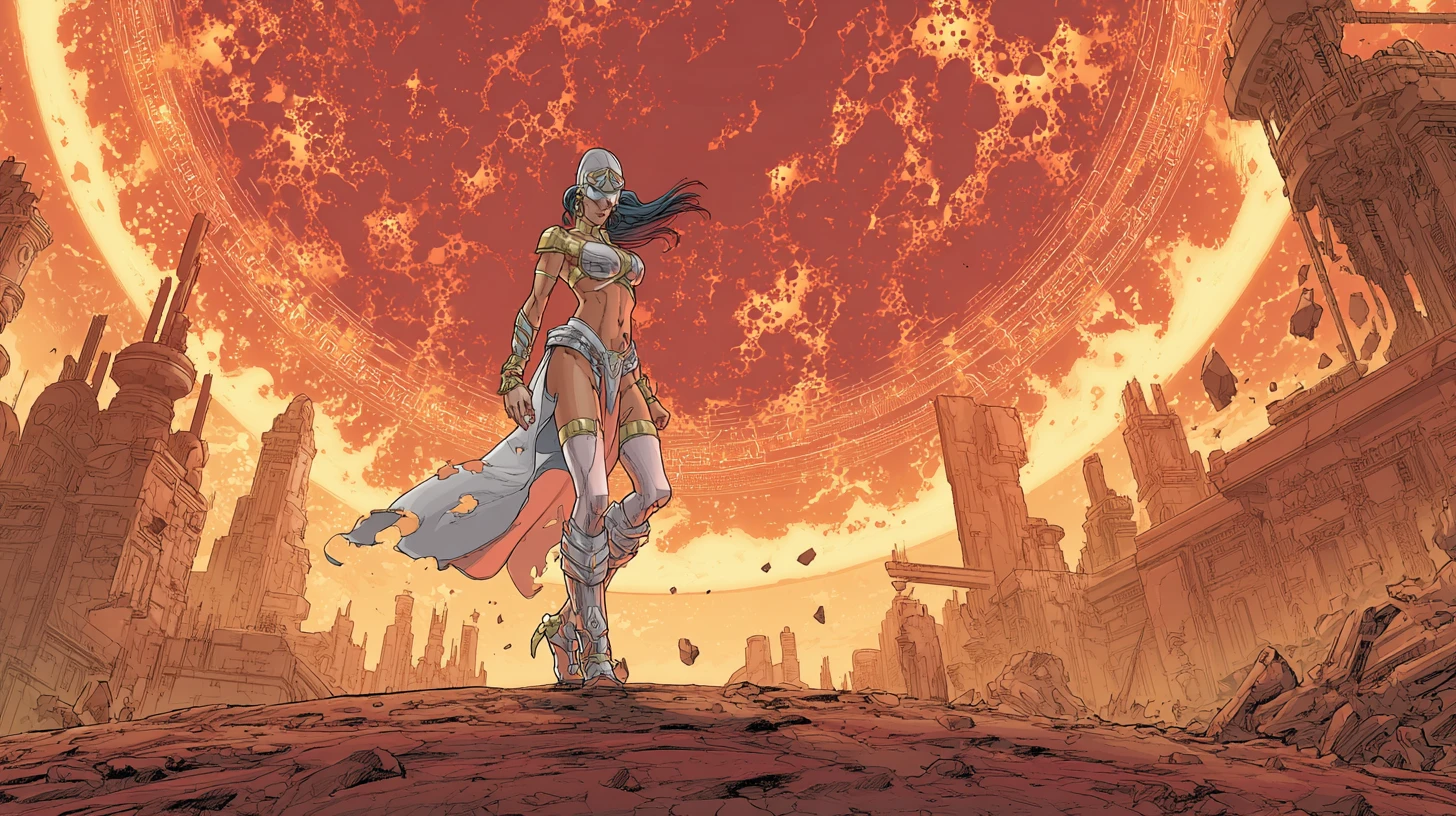 Warrior princess before a glowing portal above ruined city