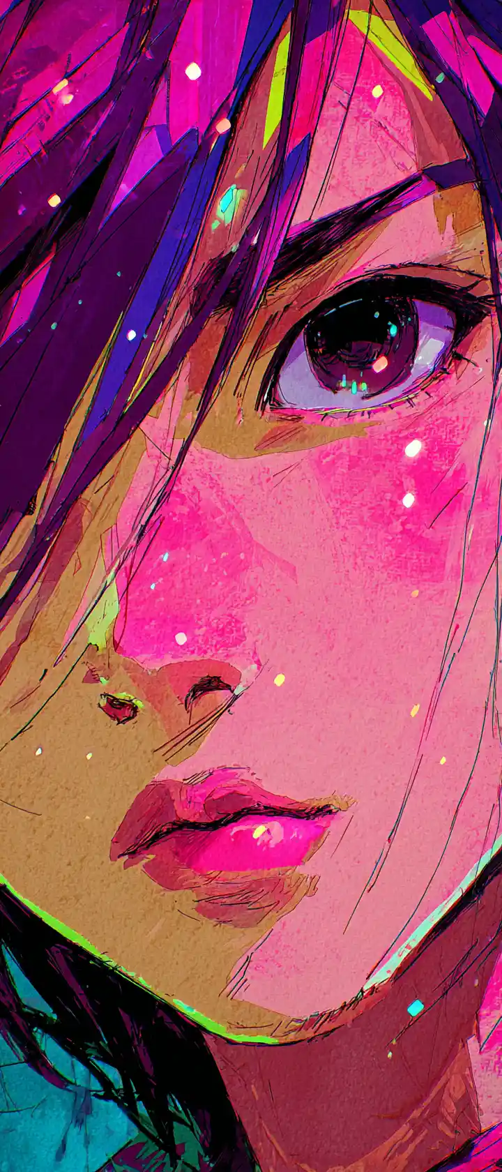 Fierce anime girl portrait with vibrant neon lighting