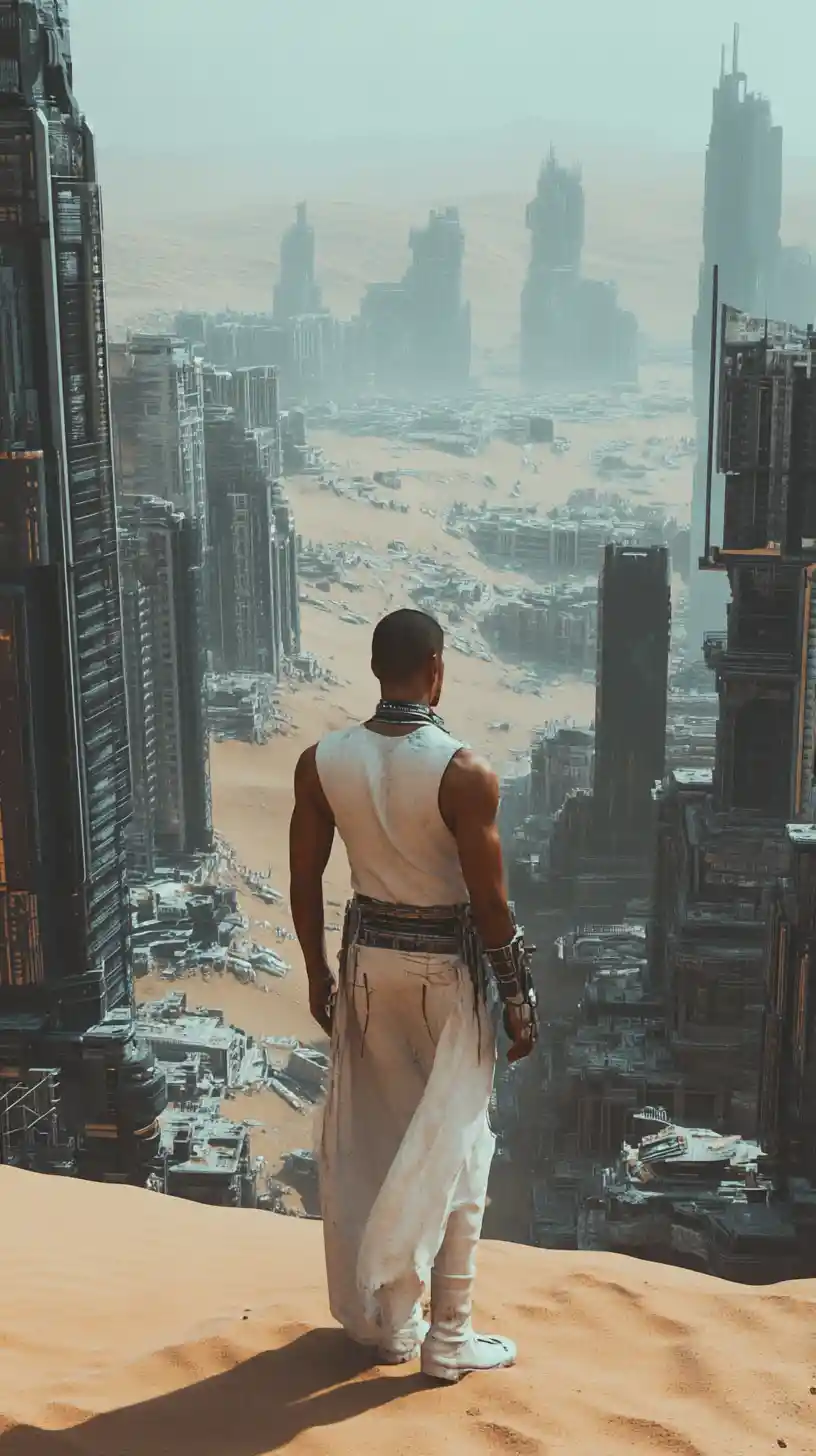 Bald man in dystopian desert camp before futuristic city