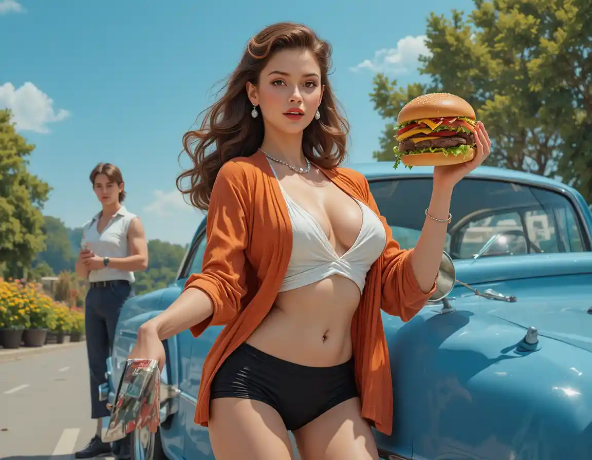 Playful pinup woman by blue car on sunny roadside
