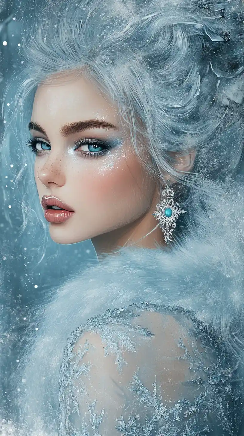 Fantasy woman with arctic fox features in winter landscape