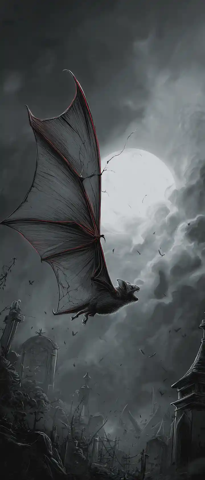 Einsame Fledermaus über einem mondbeschienenen viktorianischen Friedhof in der Nacht