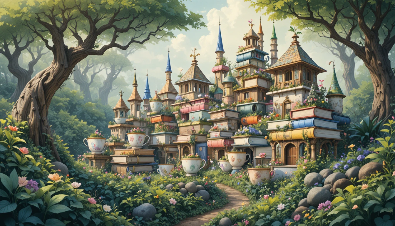 Ciudad fantasiosa de tazas de té que surge de libros en un bosque frondoso