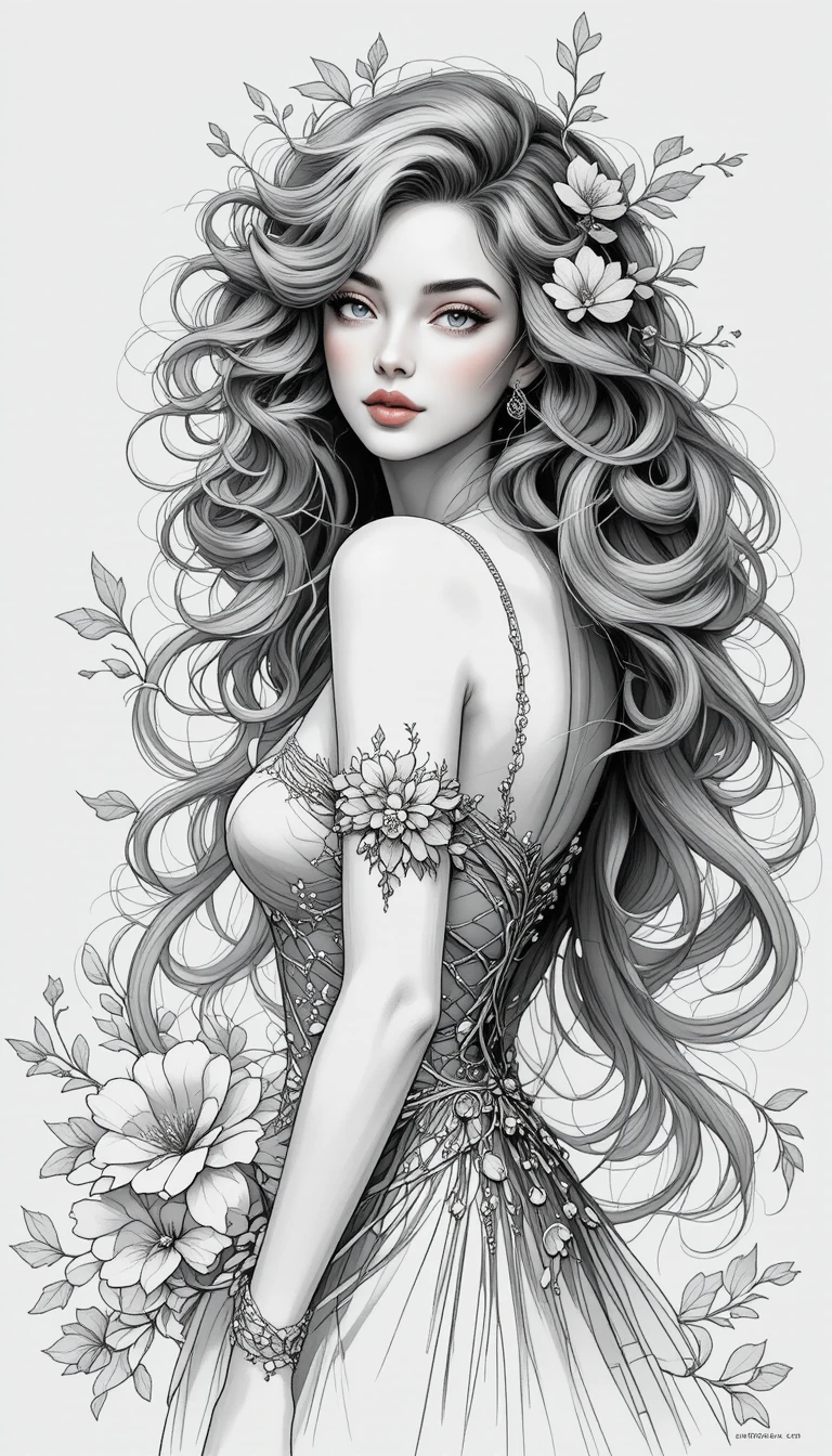 Monochrome portrait of a woman with flowing hair and flowers