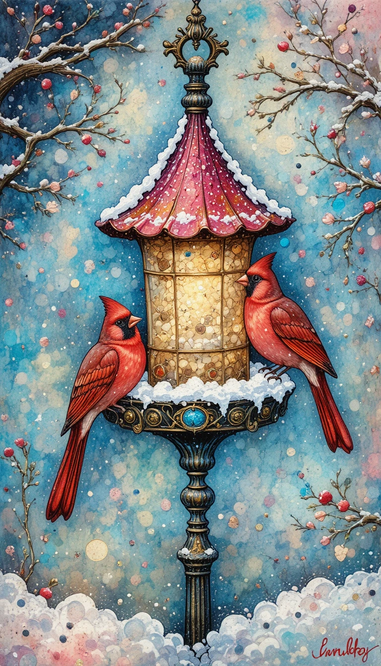 Cardenales coloridos en un comedero en una escena nevada y abstracta