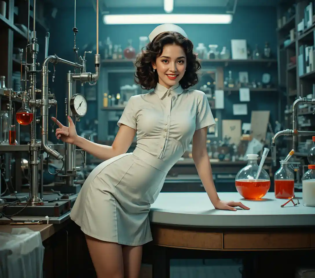 Infirmière pin-up souriante dans une scène de laboratoire rétro