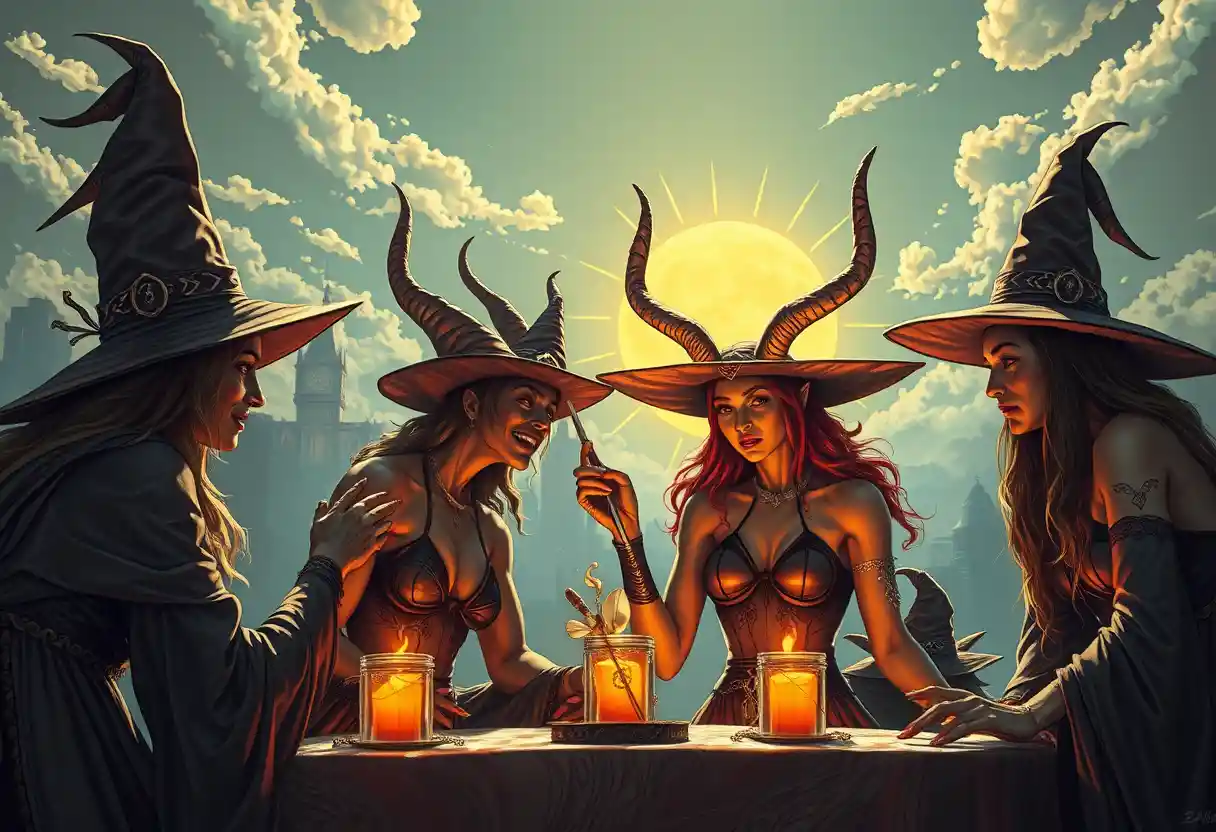 Playful succubus and witches in surreal limbo city sunshine