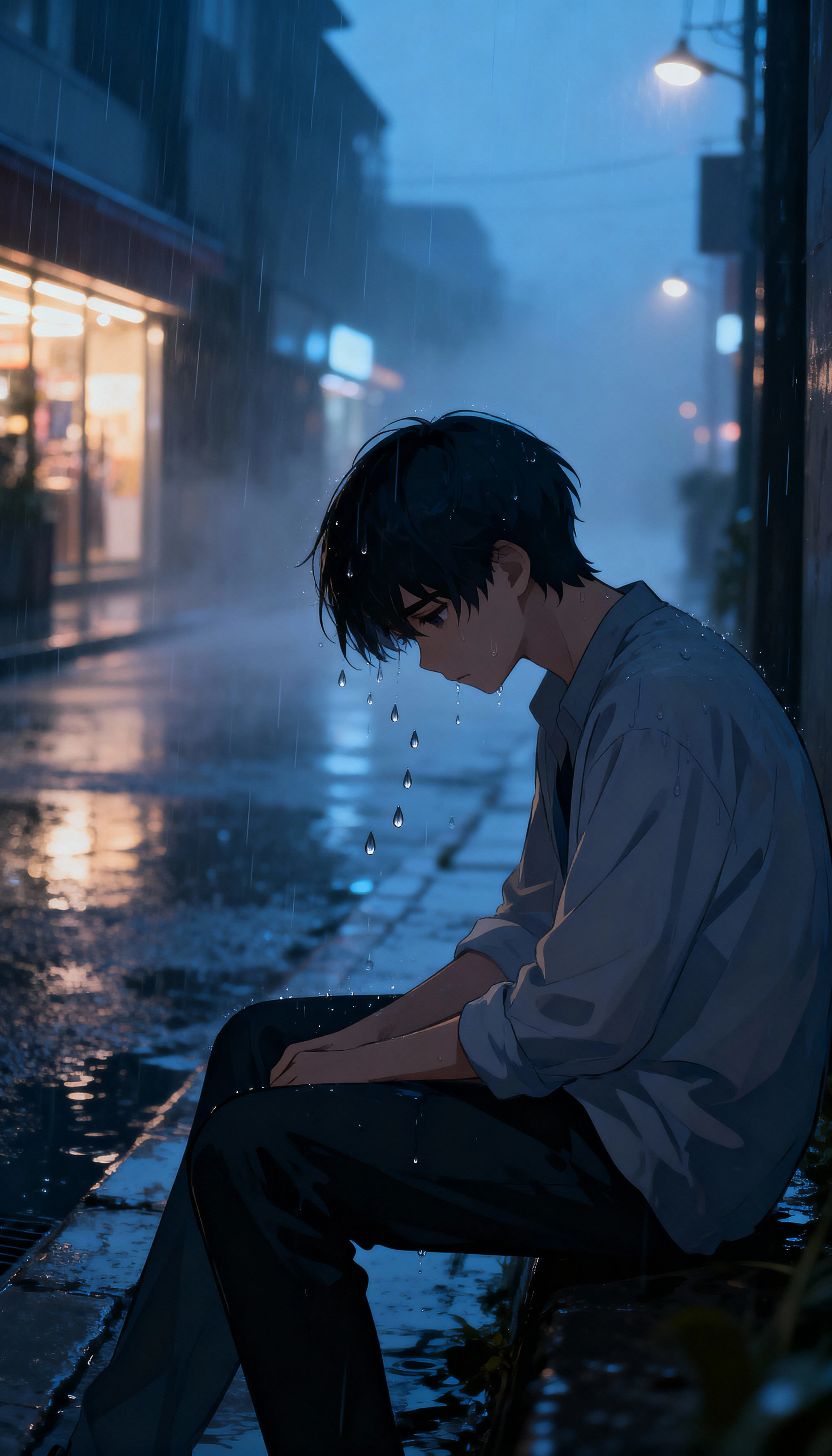 Chico de anime triste solo en una calle lluviosa de la ciudad al atardecer