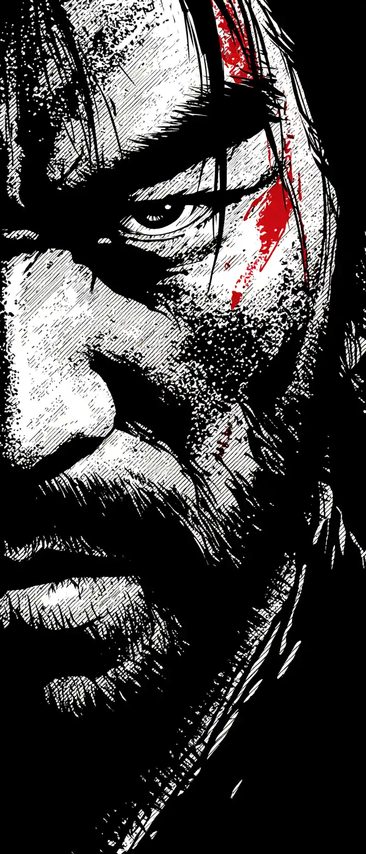 Defiant Scarred Warrior Anime Portrait Under Harsh Spotlight