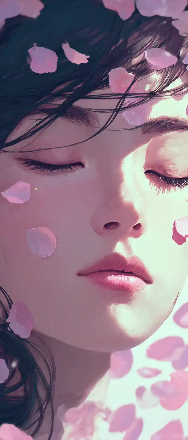 Serene anime woman with cherry blossom petal details