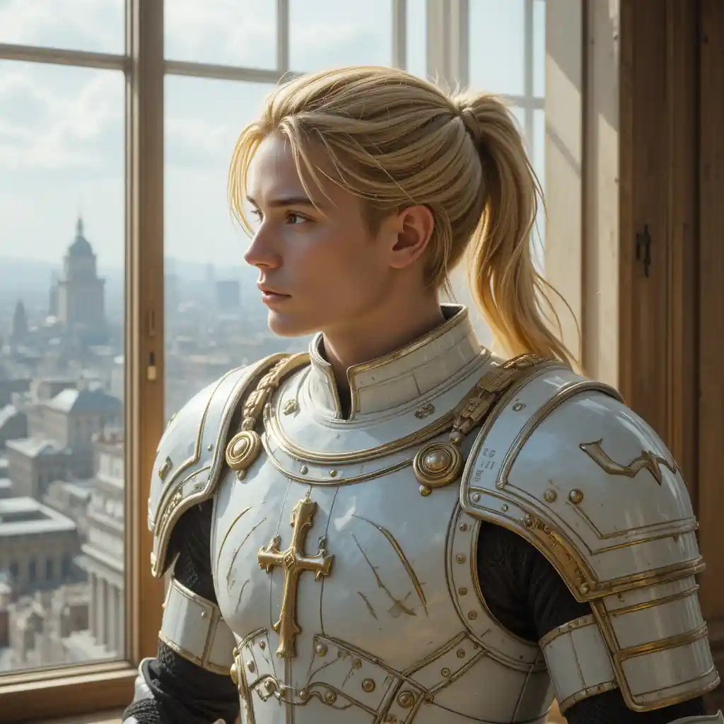 Armored young man gazing over a modern city