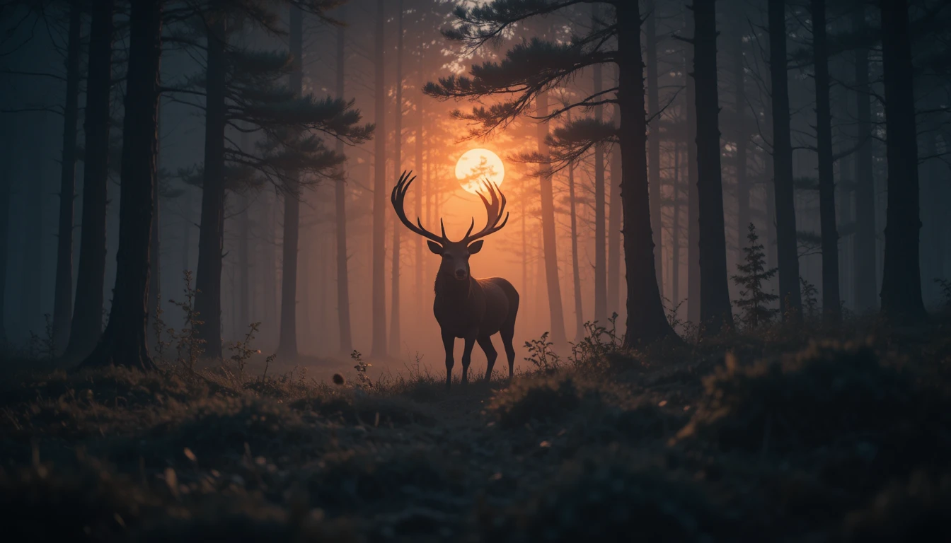 Majestuoso ciervo emergiendo de un bosque de pinos brumoso bañado por el sol