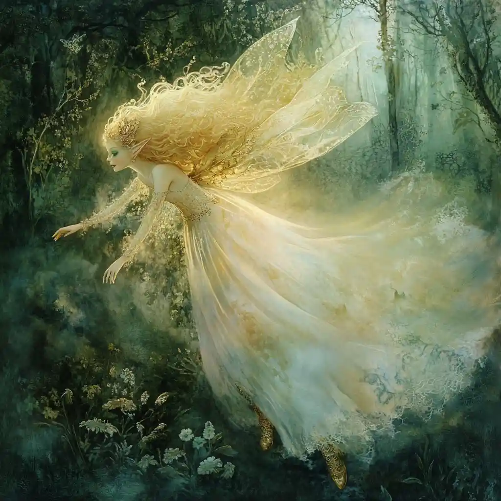 Golden haired fairy with glowing mushroom in misty forest