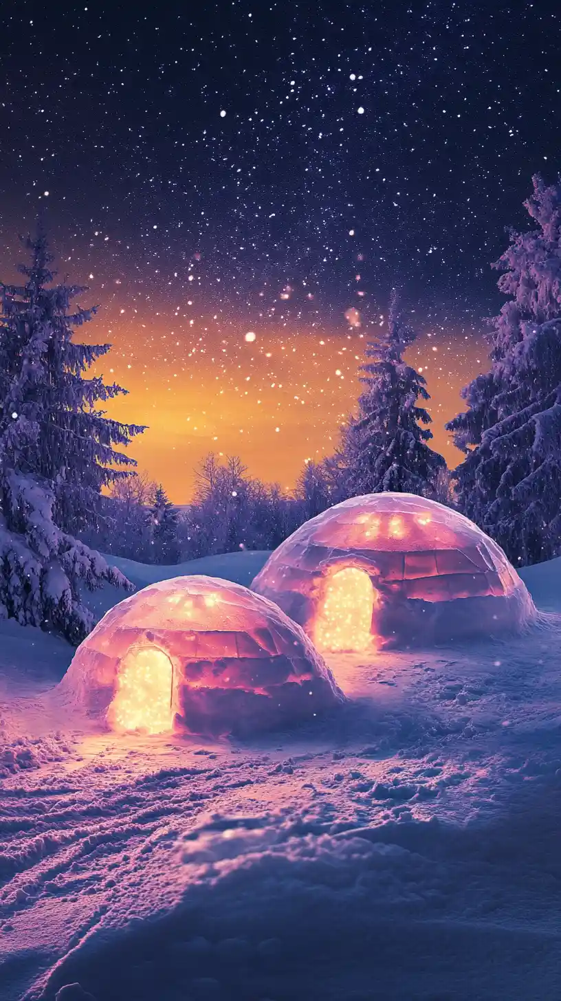 Pink igloos under a dark yellow sky with sparkling snow