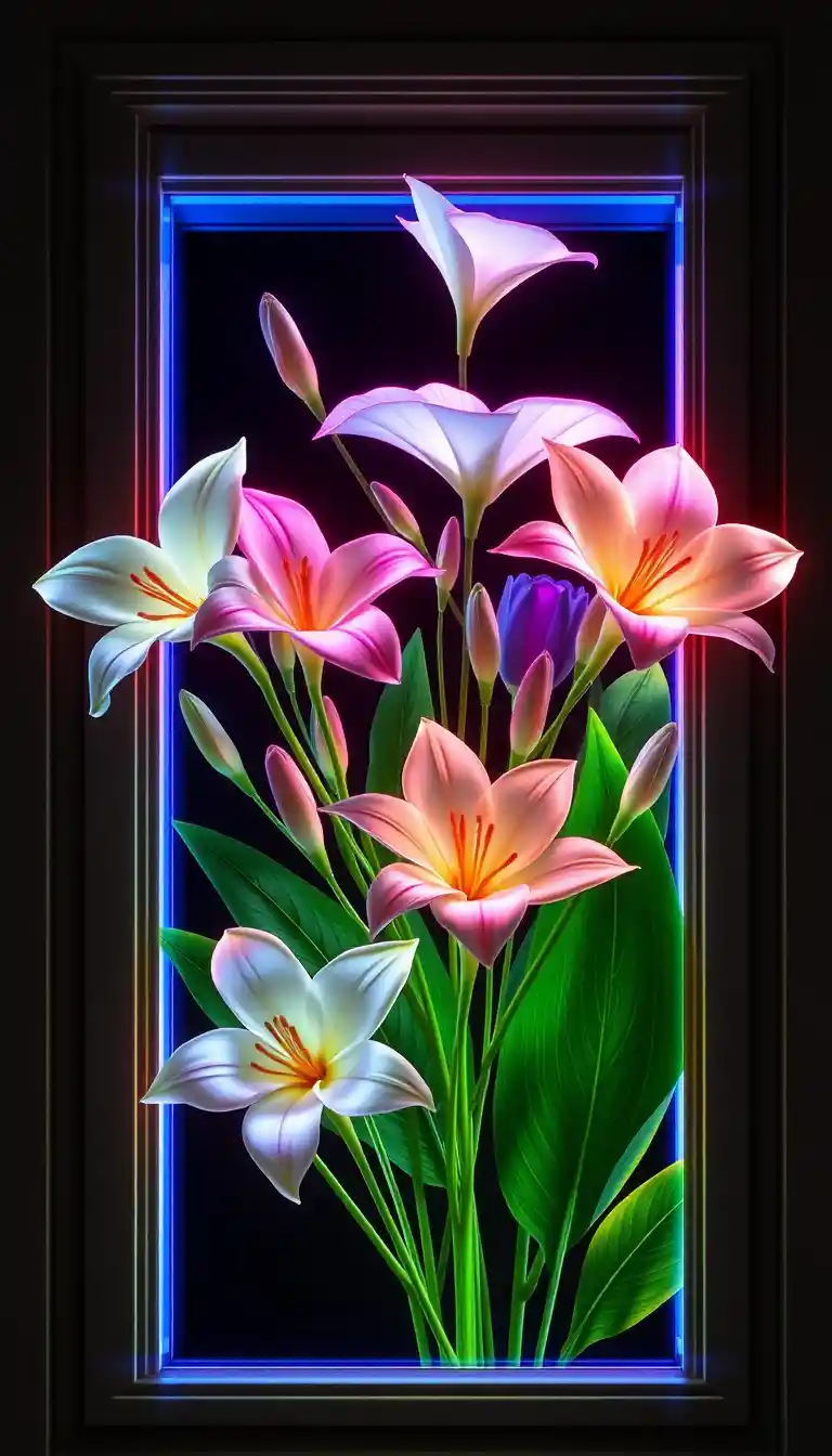 Glowing tropical leaves drawn as neon cables on canvas