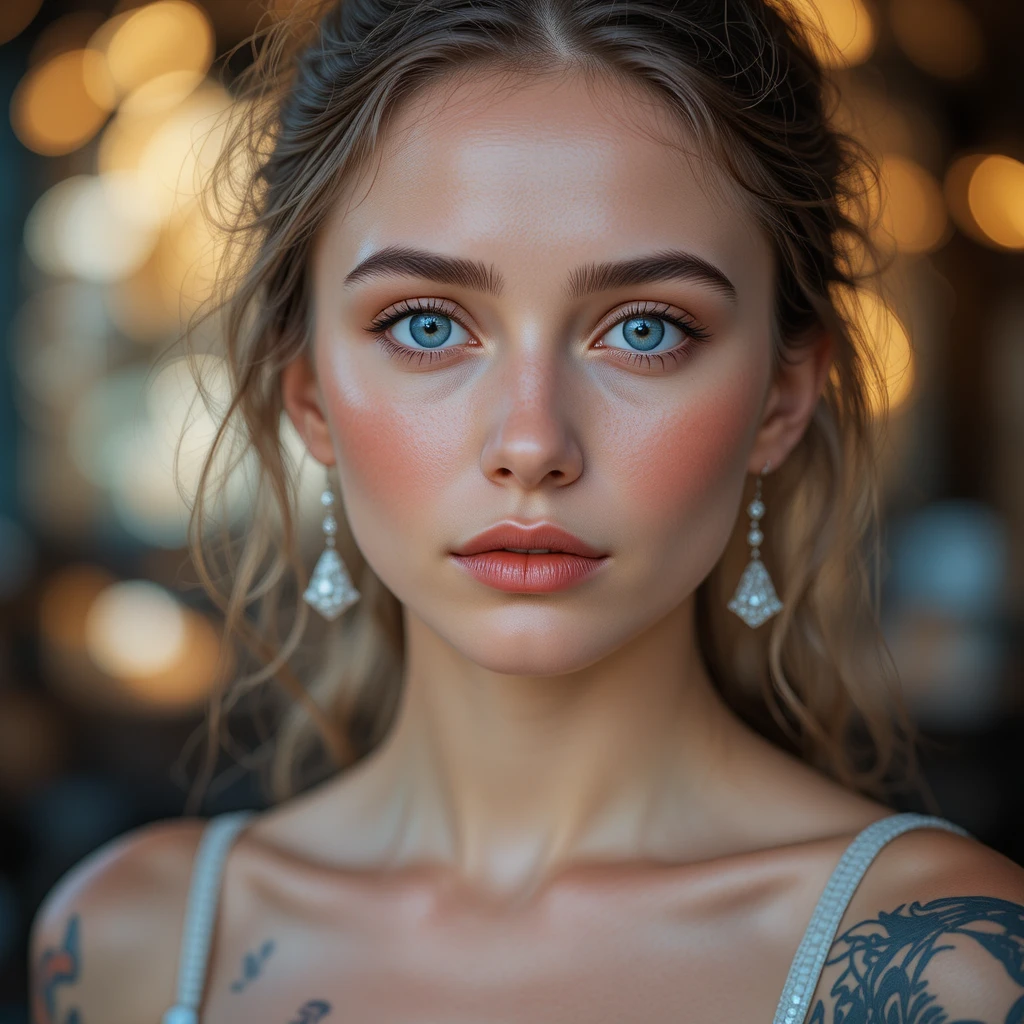 Portrait d’une jeune femme aux yeux bleus avec un bokeh doré