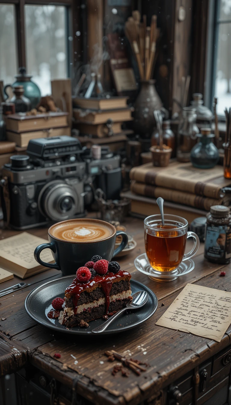 Acogedor escritorio vintage con pastel de café y cámara antigua