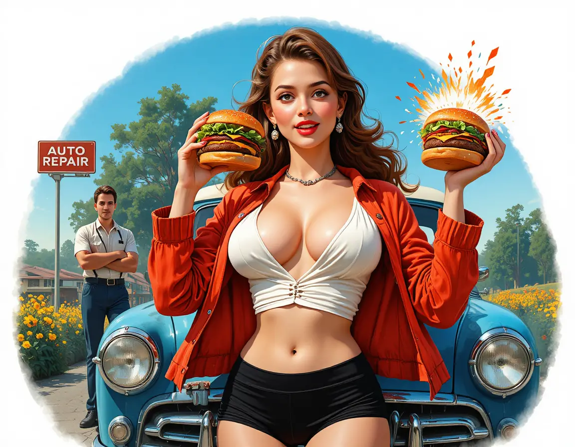 Playful pin up woman by blue car on sunny roadside