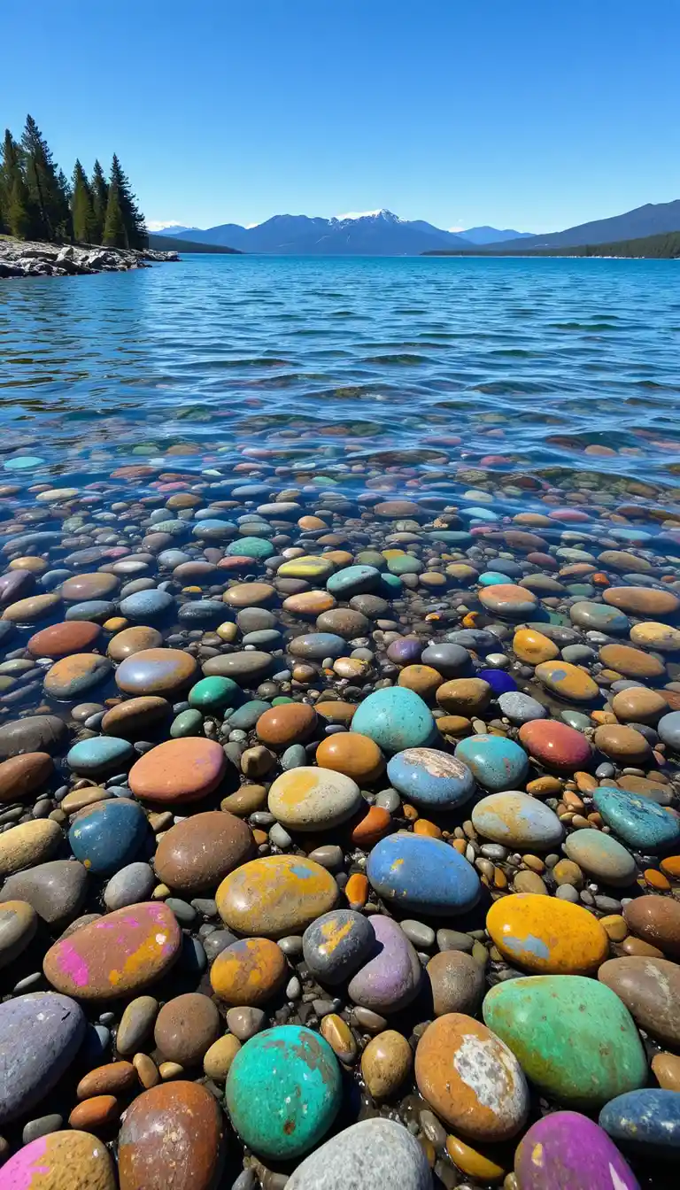 Klarer Lake-Tahoe-Uferbereich mit farbenfrohen Flusssteinen