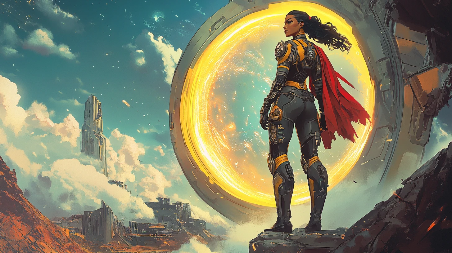 Princesa guerrera de ciencia ficción en un portal interdimensional brillante