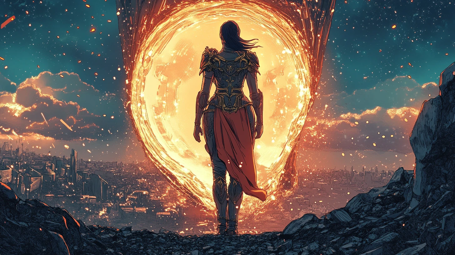 Princesa de ciencia ficción blindada ante un portal dimensional resplandeciente
