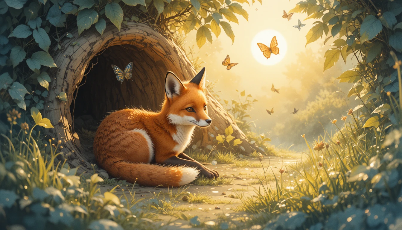 Red fox waking in a forest den at sunrise