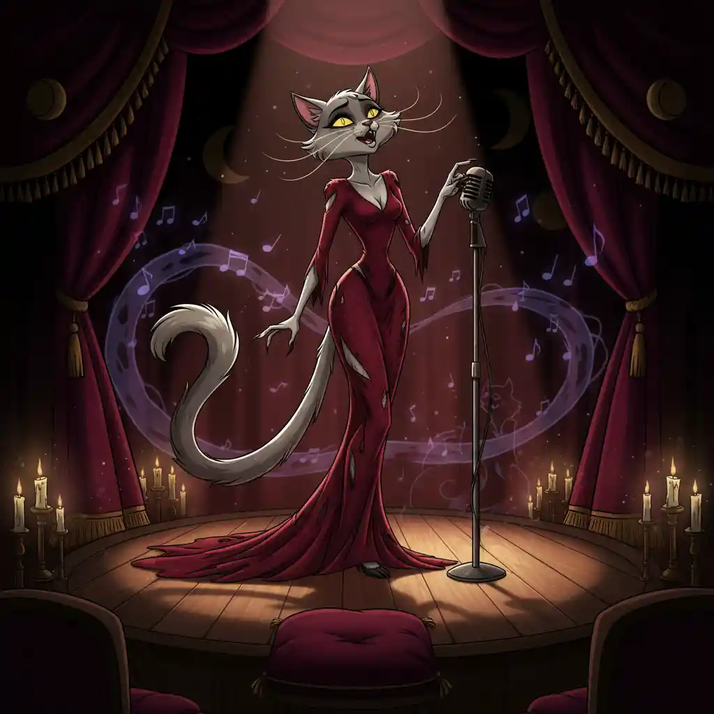 Silver cabaret cat singing under a velvet spotlight