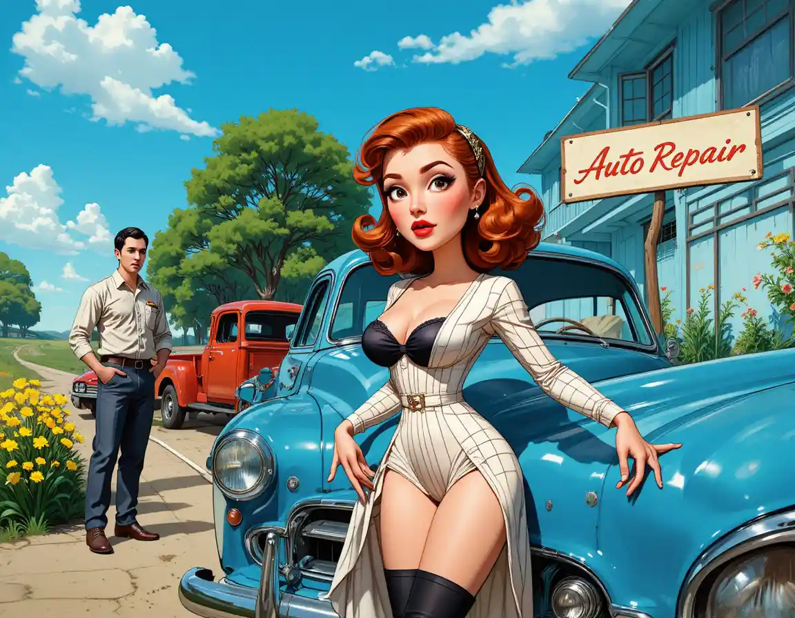 Pin up woman by blue car in windy roadside scene