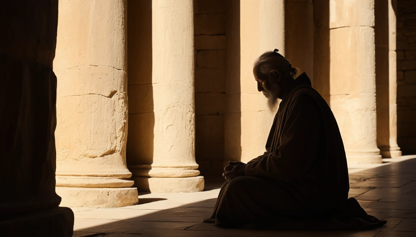 Anciano de perfil que espera en silencio a la luz del templo