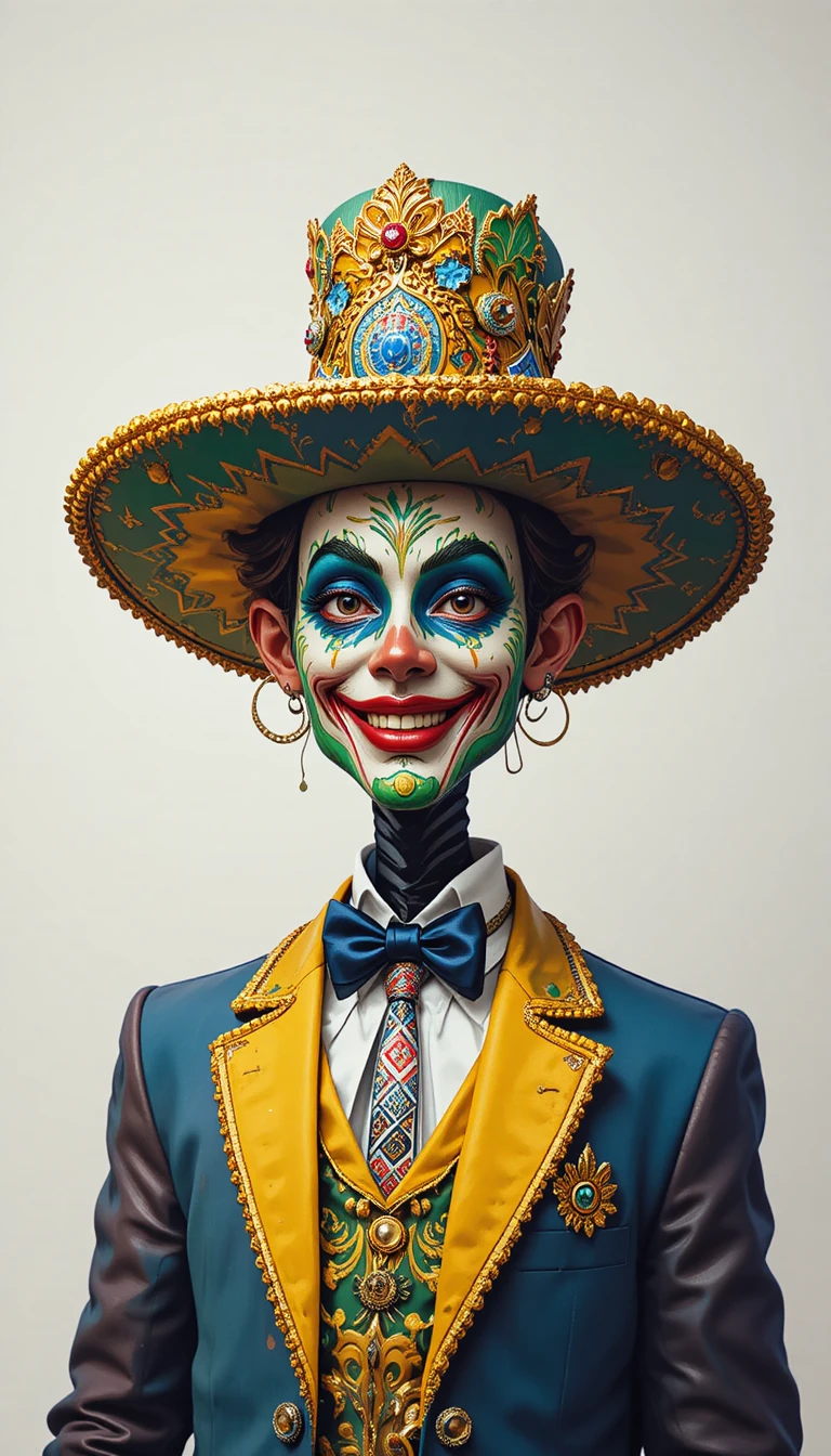 Minimalist digital portrait of a joyful Brazilian carnival clown