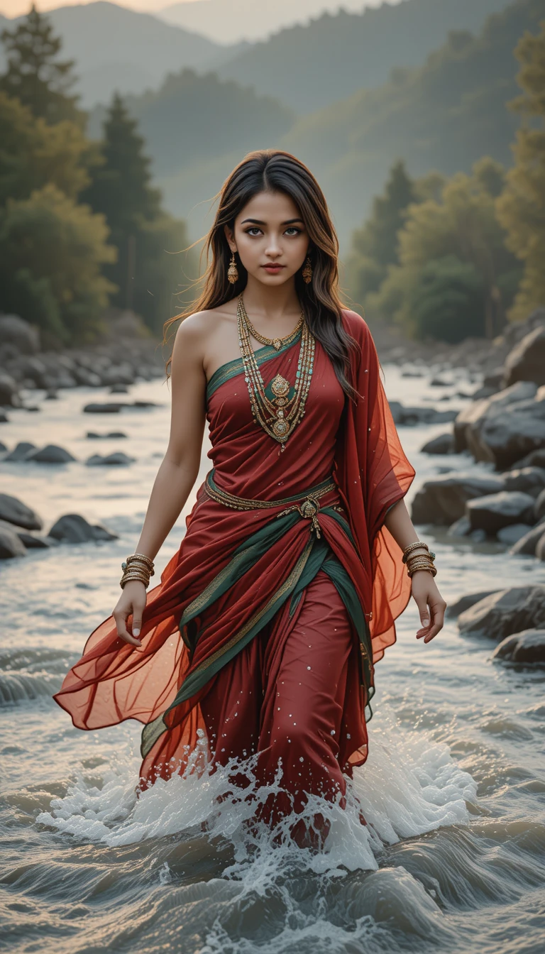 Woman crossing flood river in traditional red and green dress