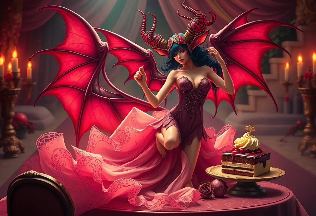 Succubus dancing gracefully while savoring a magical dessert